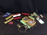 American Flyer automatic dump car, stock yard and assorted layout pieces