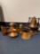 Copper kitchen items, kettles, bell made into lamp, etc
