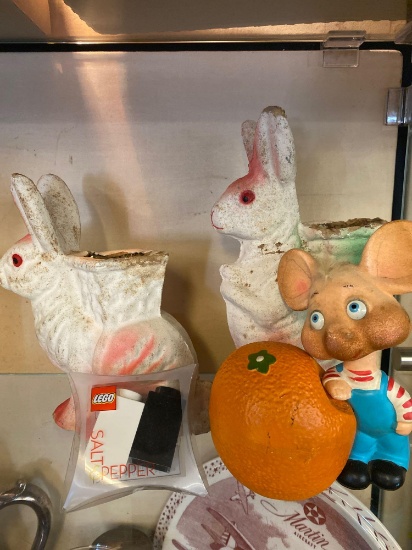 2 paper Mache rabbit candy holders, mouse and orange bubblehead, Lego s &b