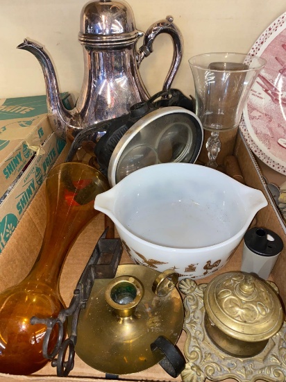 Misc items, Pyrex box, brass inkwell, etc