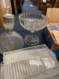 Clear glass decanter, snack trays, cups, dish