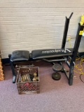 Weight bench, weights, barbell and bars