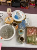 Collection of glassware, art glass, pink Depression, pottery, and more