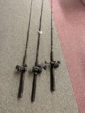 3 fishing rods & reels, Shakespeare Ugly Stik & Bass Pro , Magda Pro reels