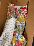 Box of vintage fabric, linens, chenille