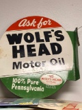 Wolf's Head motor oil porcelain 2 sided sign , 26 inches by 23 inches