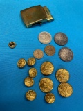 Coins, military buttons & belt buckle, possibly some silver