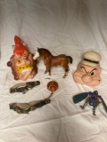 Two Banks Popeye and pebbles, Breyer horse, dragonflies, Duncan yo-yo, two collars