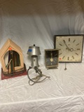 Mid century modern clocks, lamps, wooden and glass light damaged