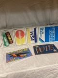 3 signs - Credit cards, Curtiss flying service porcelain, vote metal sign