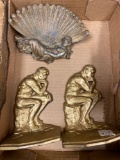 Thinker book ends patented 1927 plus Victorian dresser pin dish