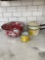 Vintage enamel ware double boiler, large bowl, and cup