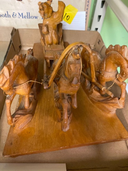 Carved wooden Russian bear on sled with horse team 13 long
