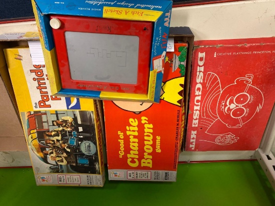 Vintage games and etch a sketch, Partridge Family, Charlie Brown, disguise set