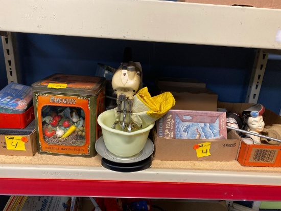 Fuse set, tools, drill bits, advertising tin, old mixer, projector, book, head vases