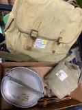 WW2 officer light musette with straps 1936, WW2 US canteen 1944, WW 1 mess kit 1917