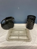 Fiesta pitcher, divided covered dish, cut glass vase