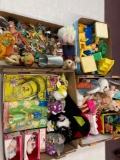 4 flats of little tiles toys, the Simpson figure, Furbys, and more