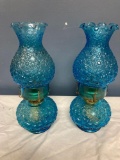 Pair blue glass daisy and button lamps
