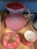 3 Fenton cranberry pieces, opal netted glass, rose bowl, opal swirl pitcher has crack on the bottom