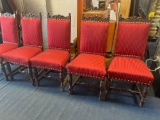 5 very nice wood carved chairs with reupholstered red material