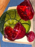 Ruby glass and 1 green glass dish
