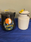 Enamel ware milk pail and vintage enamel teapot