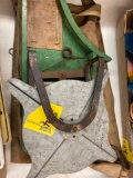Vintage seed spreader and box of old sports memorabilia