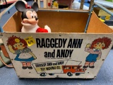 Vintage Raggedy Ann and Andy toy chest with miscellaneous items