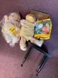 Dolls and small stool, one Cabbage Patch, other miscellaneous items