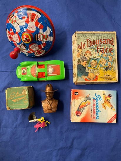 Vintage toys, face game, slinky, Cassidy bank, Santa top, Big Boy friction race