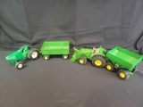 Pair of tractors and wagons, plastic set and metal