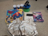 Wilton super hero cake pans, Batman sprinkler, Superman mugs