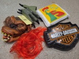 Costume mask, wig, gloves, Labonte Kellog cushion and Harley pillow
