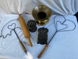 Spittoon, (2) rug beaters, cast iron string holder & match holder, rolling pin.