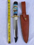 Damascus steel knife w/ sheath, made in USA.