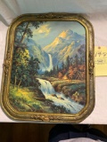 Print of waterfall & mountains, 18.5 x 22.5 frame.