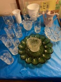 Glassware incl. deviled egg plate, water glasses, Daisy & button pattern pcs.