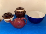 Hall teapot, McCoy cookie jar, bean pot, bowl.