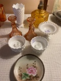 Nippon saucer, Fenton & Fostoria milk glass, amber oil lamp.