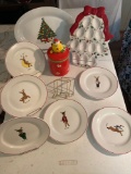 Christmas dishes incl. reindeer plates, jar, deviled egg plate, etc.