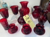 (9) Pcs. ruby red glass, Bohemian cut red vase.