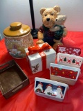 (2) Cookie jars, Christmas microwave safe dishes, covered jar.