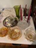 Glass wreath candle holder, silverplate covered bowl, glass bowls.