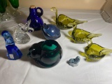 Glass swan dishes, Moser Jenny figure, Unicorn paperweight, pottery mouse, etc.