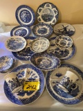 Blue scene plates, Mason's Vista bowl, Delft windmill plate.