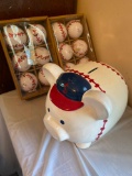 Ceramic piggy bank & (12) baseball tree ornaments.