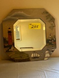 Wall mirror w/ hand painted scene frame, 18