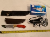 Digital microscope, unmarked knife w/ leather sheath, MIB.