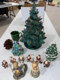 Lighted ceramic Christmas trees, Santa & other figurines.
